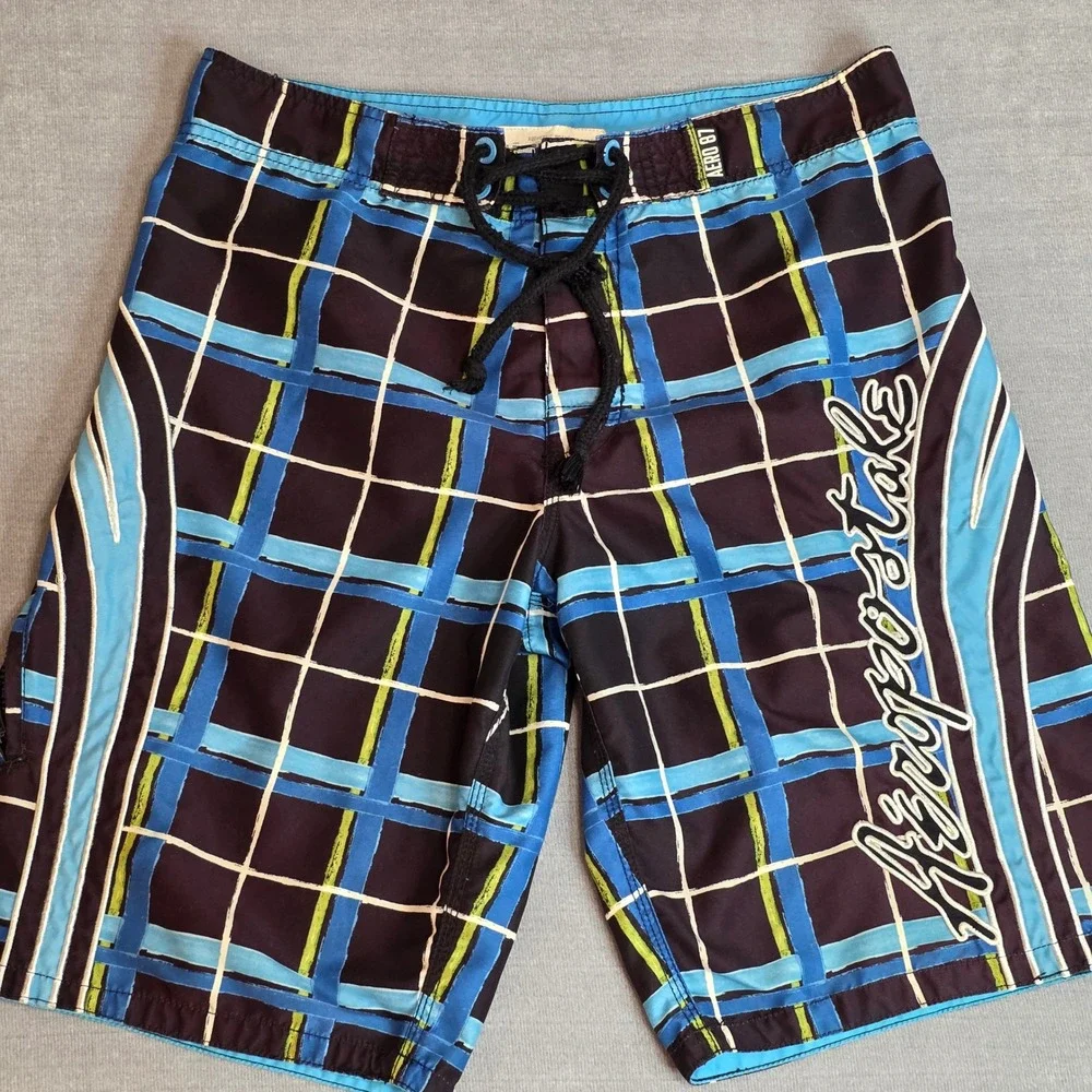 Lot of 2 Aeropostale Board Shorts Mens 32 Blue Plaid Graphic Swim Trunks Y2K